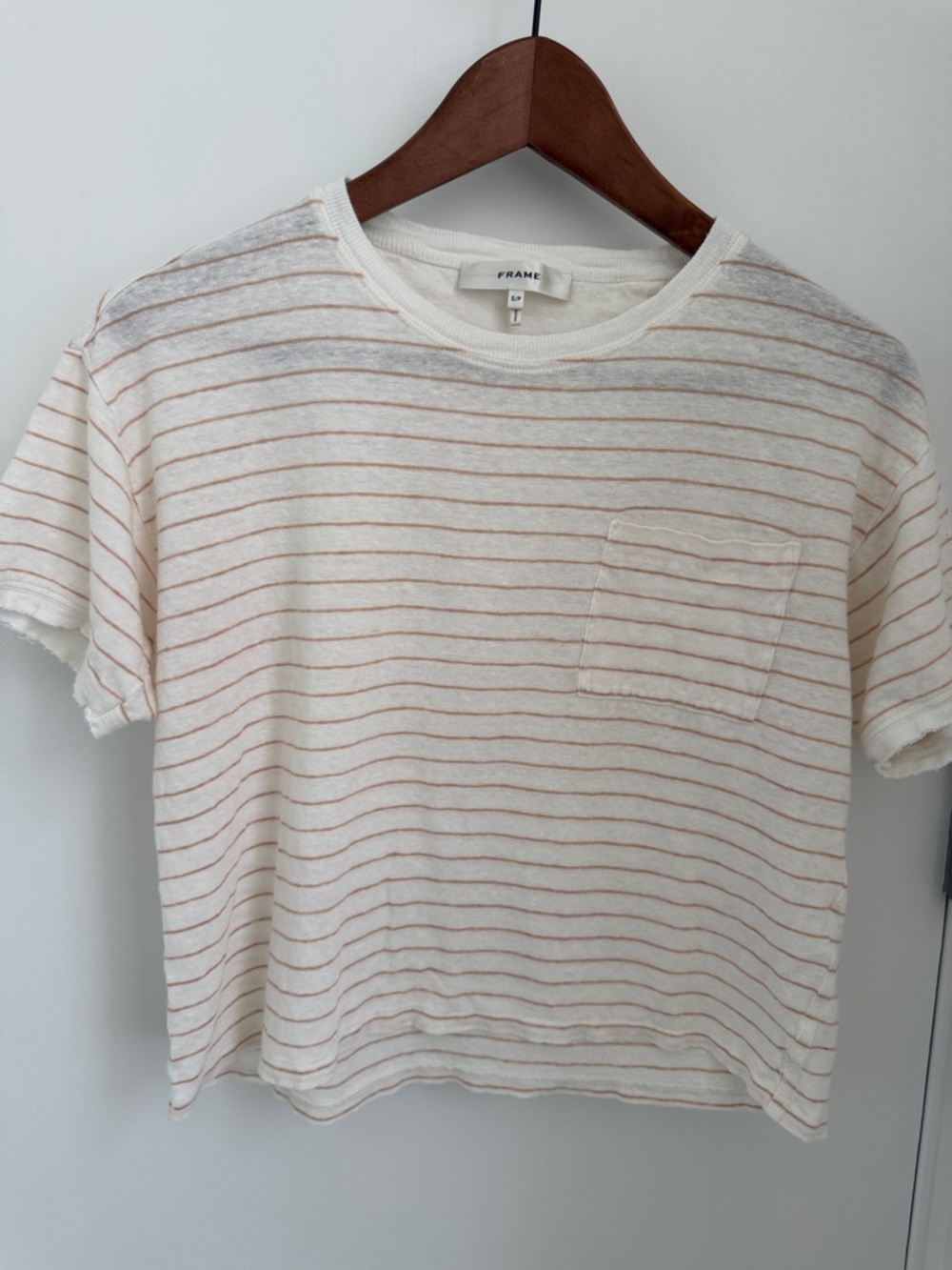 FRAME - Striped Pocket Tee in Cream with Tan Stripes. Organic linen